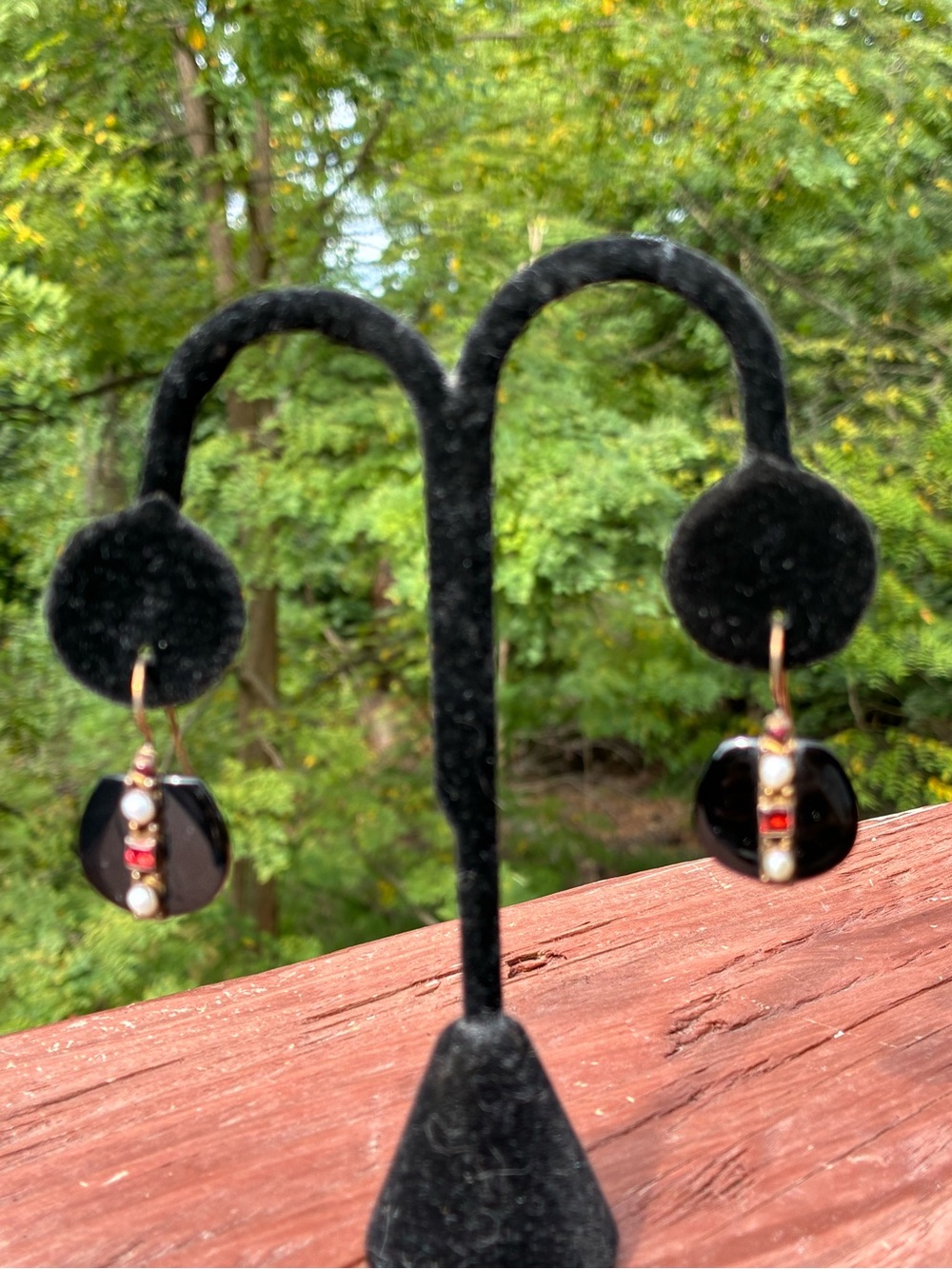 Vintage black onyx earrings with garnet and pearls